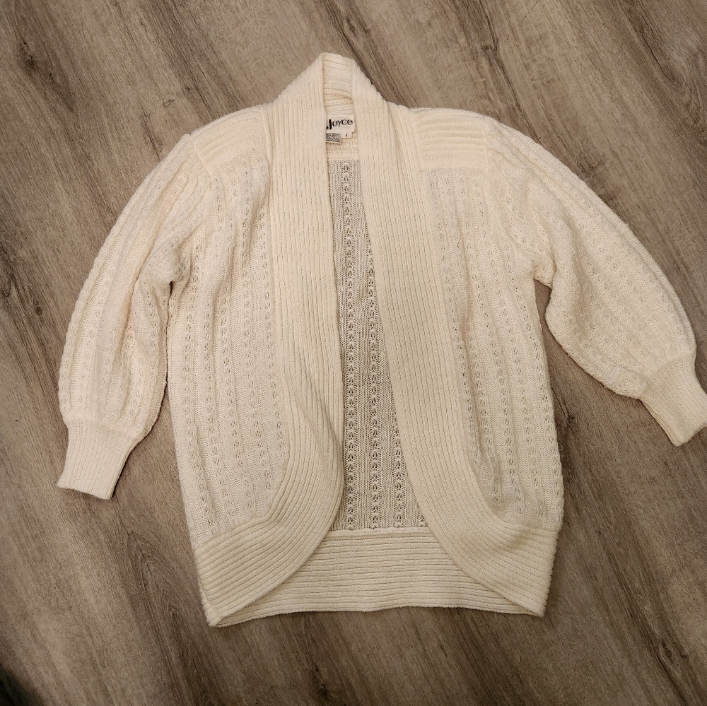 Vintage Joyce Open Knit Cardigan Sweater – Balloon Sleeves Chunky Rib Trim